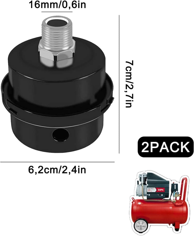 Yitobici Kompresszor Hangtompító Szűrő Szett - 3/8" (16mm) Fém Légszűrő Légkompresszorhoz - Zajcsökkentő Levegőszűrő Menetes Csatlakozással 