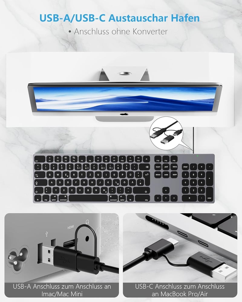 Yivandi Alumínium Mac Billentyűzet USB-C Numerikus Billentyűzettel Szürke