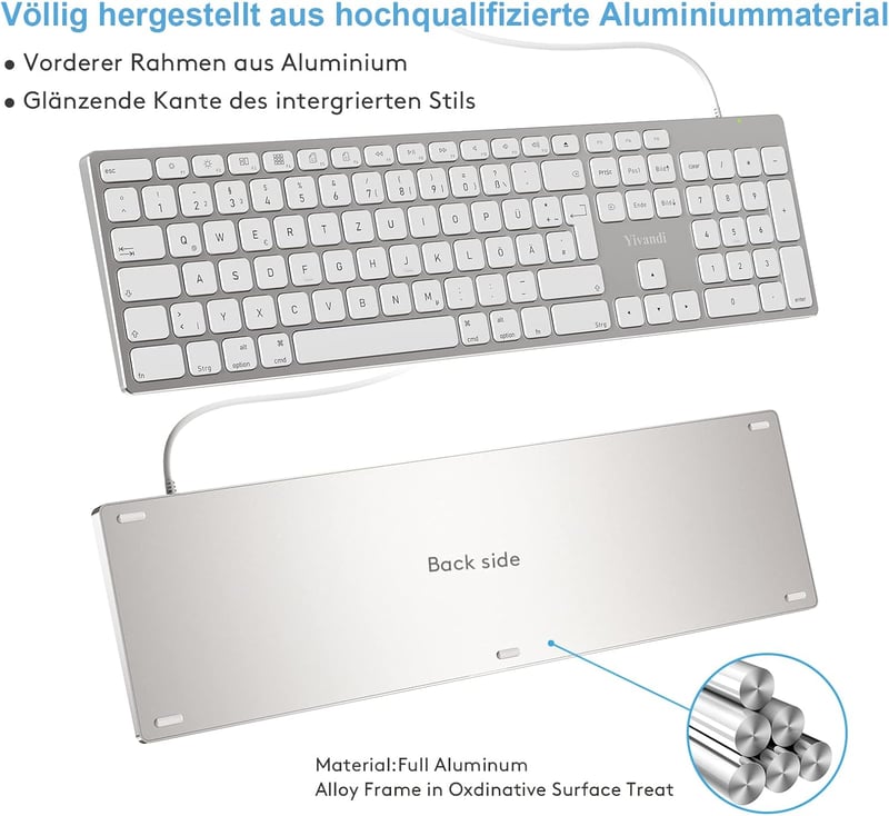 Yivandi Vezetékes Billentyűzet Mac-hez Numerikus Billentyűzettel Alumínium Keret Német QWERTZ
