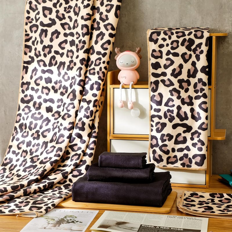 Yoande 6 részes fürdőszobai törülköző szett, barna leopárd és fekete, puha és nedvszívó - Brown Leopard Print and Black