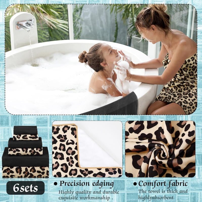 Yoande 6 részes fürdőszobai törülköző szett, barna leopárd és fekete, puha és nedvszívó - Brown Leopard Print and Black