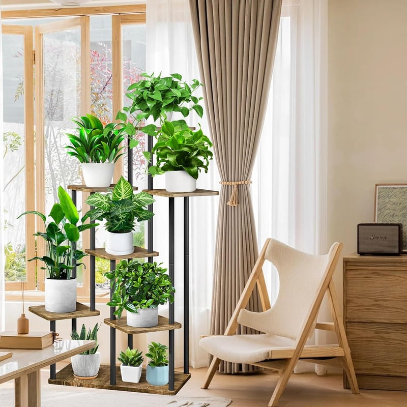 YOCOMEY 7 szintes fa virágpolc fekete, növénytartó állvány kert balkon dekorációhoz