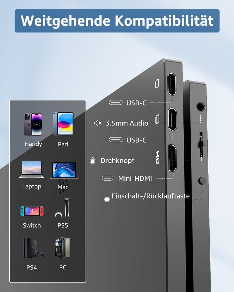 Yodoit Hordozható 14" FHD IPS Monitor - 1920×1080 Felbontás, USB-C, Beépített Hangszórók, PC, Laptop, MacBook, Xbox, PS, Switch Kompatibilis