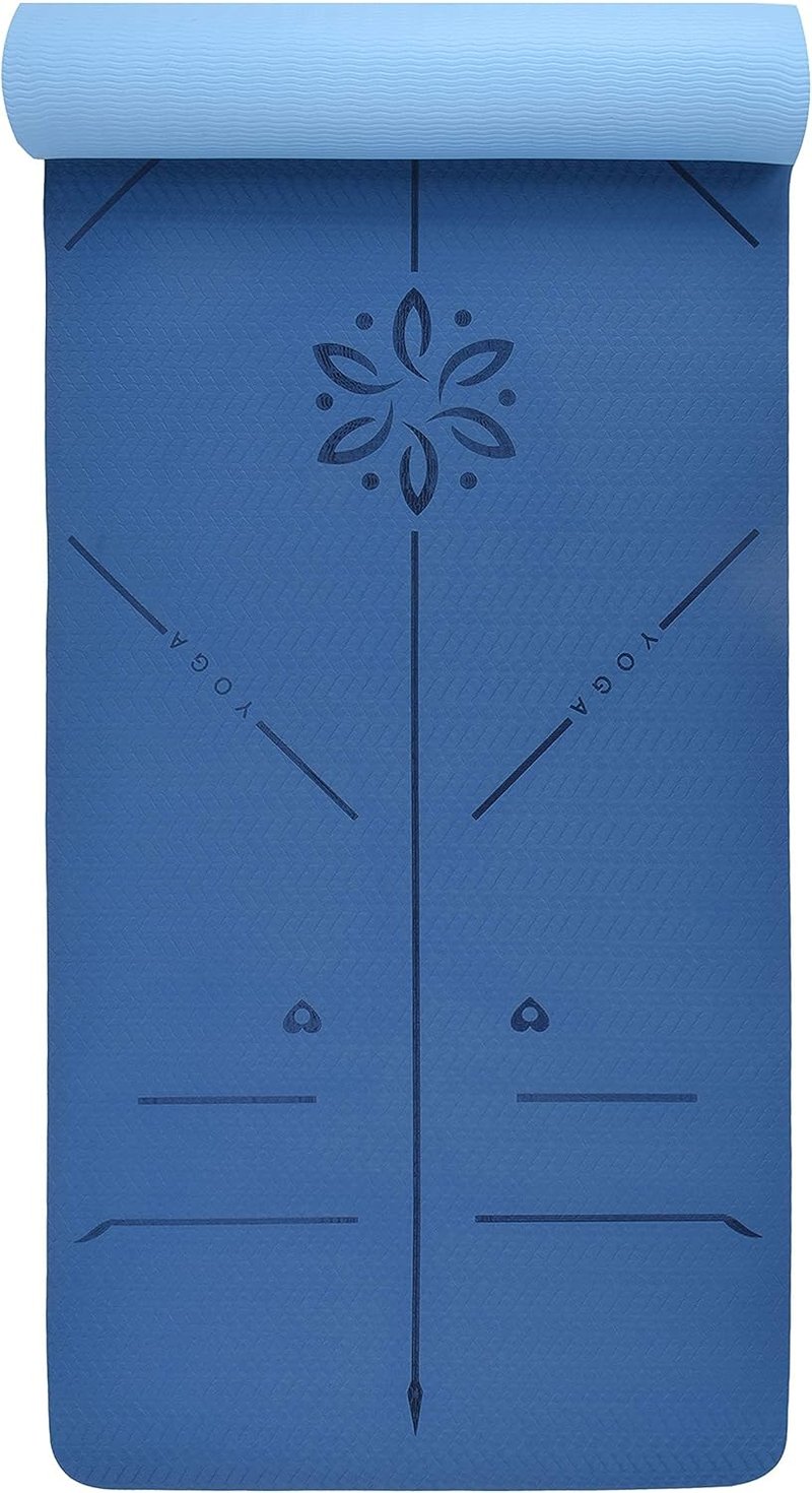 YOGATI Jógaszőnyeg Kék Csúszásmentes Hordozópánttal, Vezetővonalakkal Fitness Tornaszőnyeg Edzéshez Jógához 183x61cm