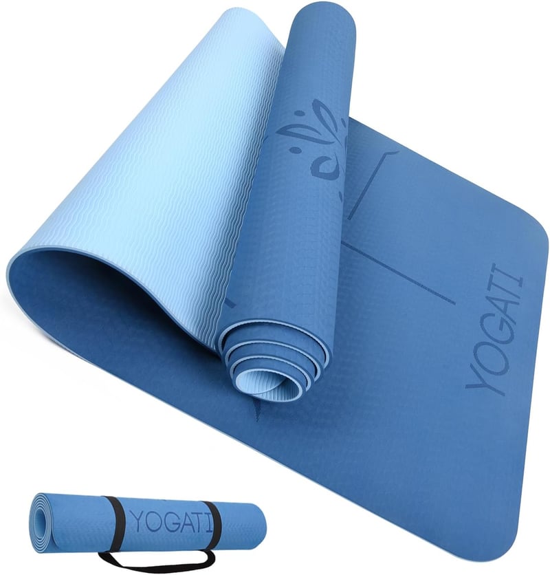 YOGATI Jógaszőnyeg Kék Csúszásmentes Hordozópánttal, Vezetővonalakkal Fitness Tornaszőnyeg Edzéshez Jógához 183x61cm