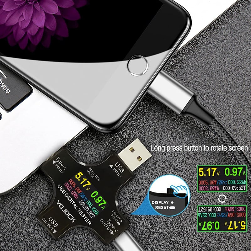 YOJOCK 2-in-1 USB Tester - Digitális Multiméter Feszültség, Áramerősség és Teljesítmény Mérésére - Hordozható USB C Mérőműszer