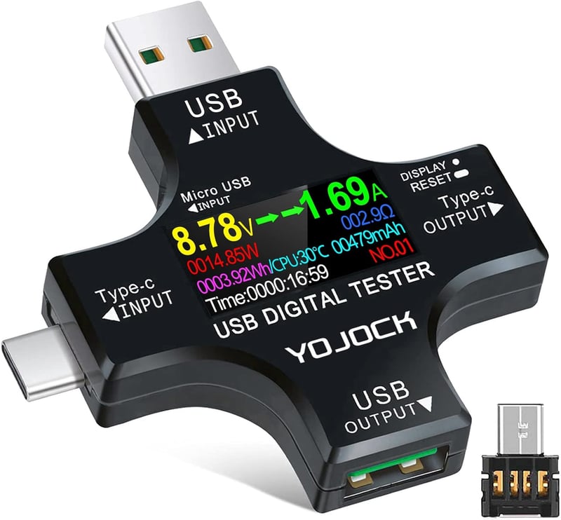 YOJOCK 2-in-1 USB Tester - Digitális Multiméter Feszültség, Áramerősség és Teljesítmény Mérésére - Hordozható USB C Mérőműszer