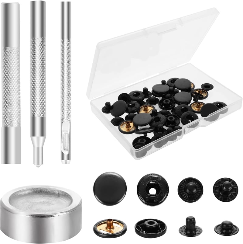 Yolev 12 szett nyomógomb készlet fogóval, 15 mm bőr nyomógomb, 4 szerelőeszköz, fekete
