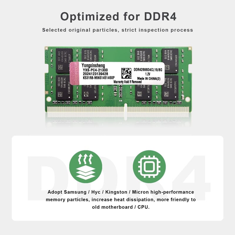 Yongxinsheng DDR4 2666MHz 8GB Laptop RAM SODIMM Memória Modul - 8 GB, Green, 2666 MHz