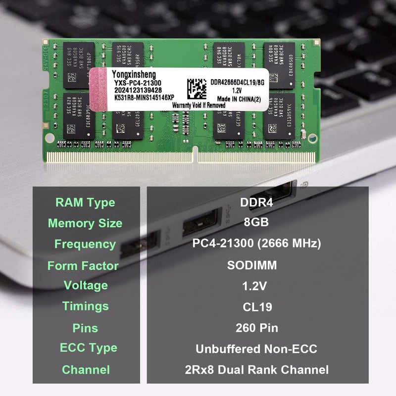 Yongxinsheng DDR4 2666MHz 8GB Laptop RAM SODIMM Memória Modul - 8 GB, Green, 2666 MHz
