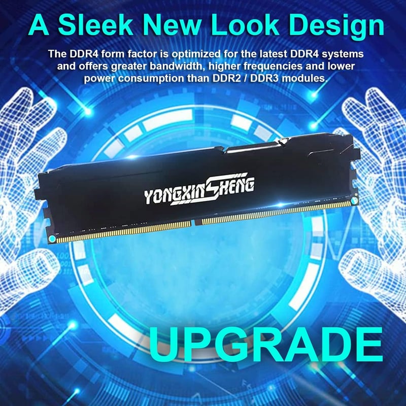 Yongxinsheng DDR4 64GB (4x16GB) Asztali Memória Kit 2666MHz PC4-21300 UDIMM RAM - Fekete, 1.2V, CL19, Számítógép Memória Bővítő Modul