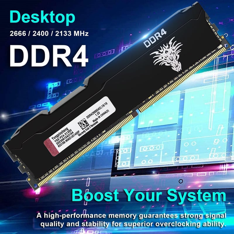 Yongxinsheng DDR4 64GB (4x16GB) Asztali Memória Kit 2666MHz PC4-21300 UDIMM RAM - Fekete, 1.2V, CL19, Számítógép Memória Bővítő Modul