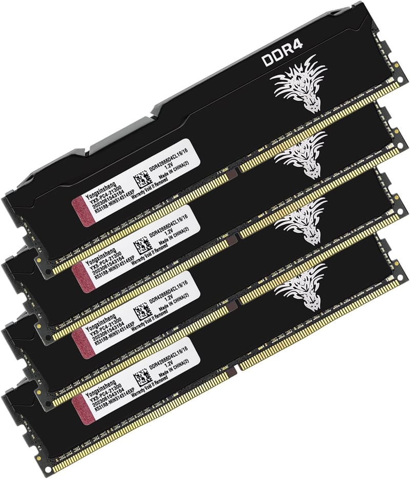 Yongxinsheng DDR4 64GB (4x16GB) Asztali Memória Kit 2666MHz PC4-21300 UDIMM RAM - Fekete, 1.2V, CL19, Számítógép Memória Bővítő Modul