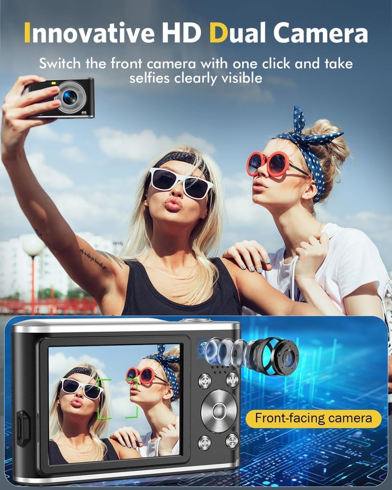 YOODEE 4K digitális fényképezőgép 16x zoom, 32GB memóriakártya, kompakt kamera