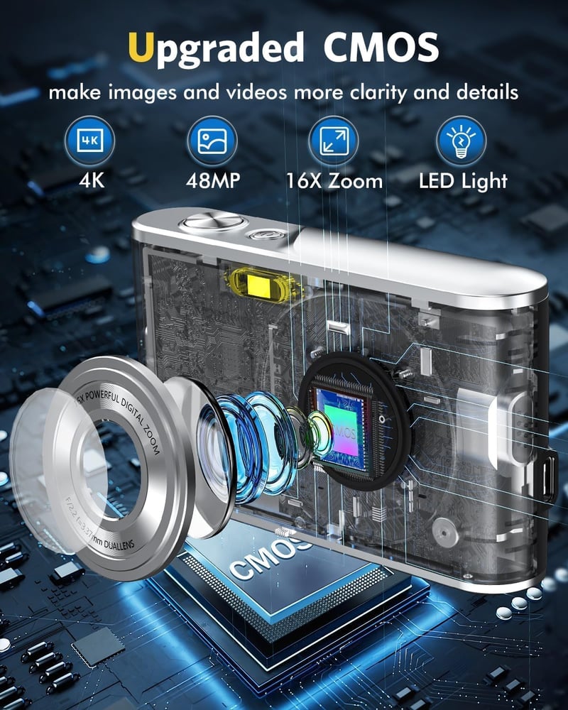 YOODEE 4K digitális fényképezőgép 16x zoom, 32GB memóriakártya, kompakt kamera