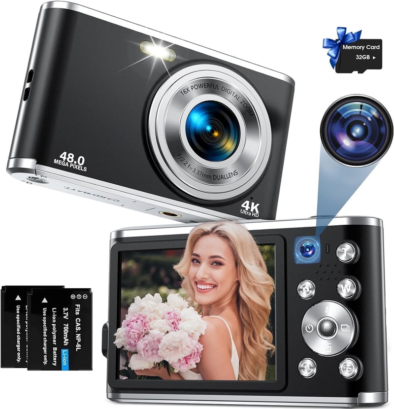 YOODEE 4K digitális fényképezőgép 16x zoom, 32GB memóriakártya, kompakt kamera