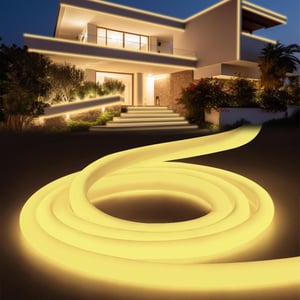 Bandă LED Neon YOODI alb cald 2 m, bandă luminoasă LED de exterior cu protecție IP65, tub rotund flexibil, 230V, pentru grădină, cameră, petreceri, sursă de alimentare inclusă