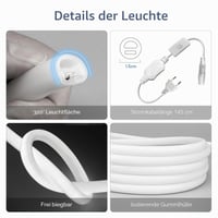 YOODI Neon LED traka toplo bijela 2 m, IP65 vodootporna vanjska LED svjetlosna cijev, savitljiva okrugla cijev, 230V, za vrt, sobu, zabavu, adapter za napajanje 4