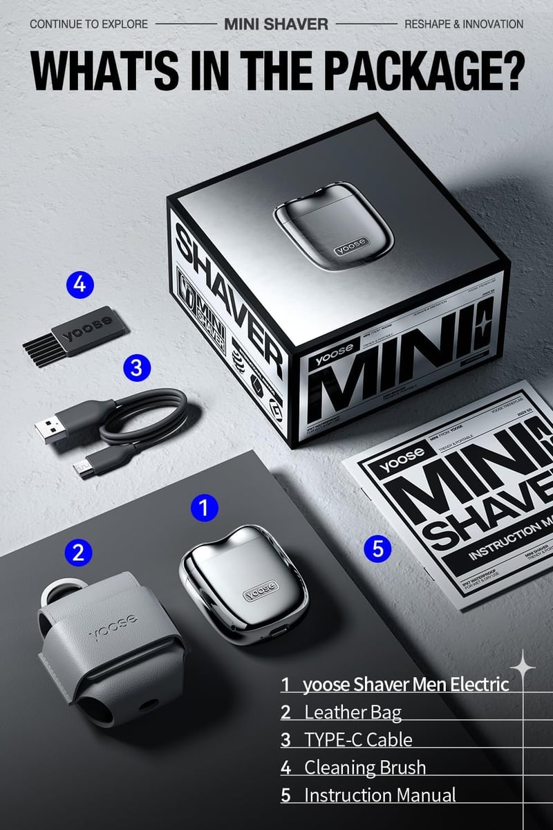 yoose Hordozható Elektromos Borotva Férfiaknak, Mágneses Fej, IPX7 Vízálló, USB-C Töltés, Ezüst