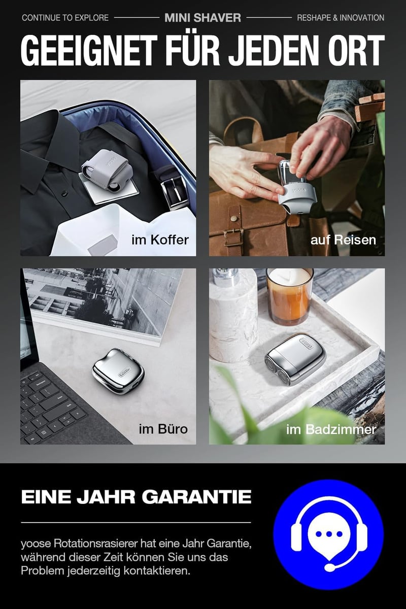 Yoose Mini Elektromos Borotva Férfiaknak IPX7 Vízálló 7200 RPM