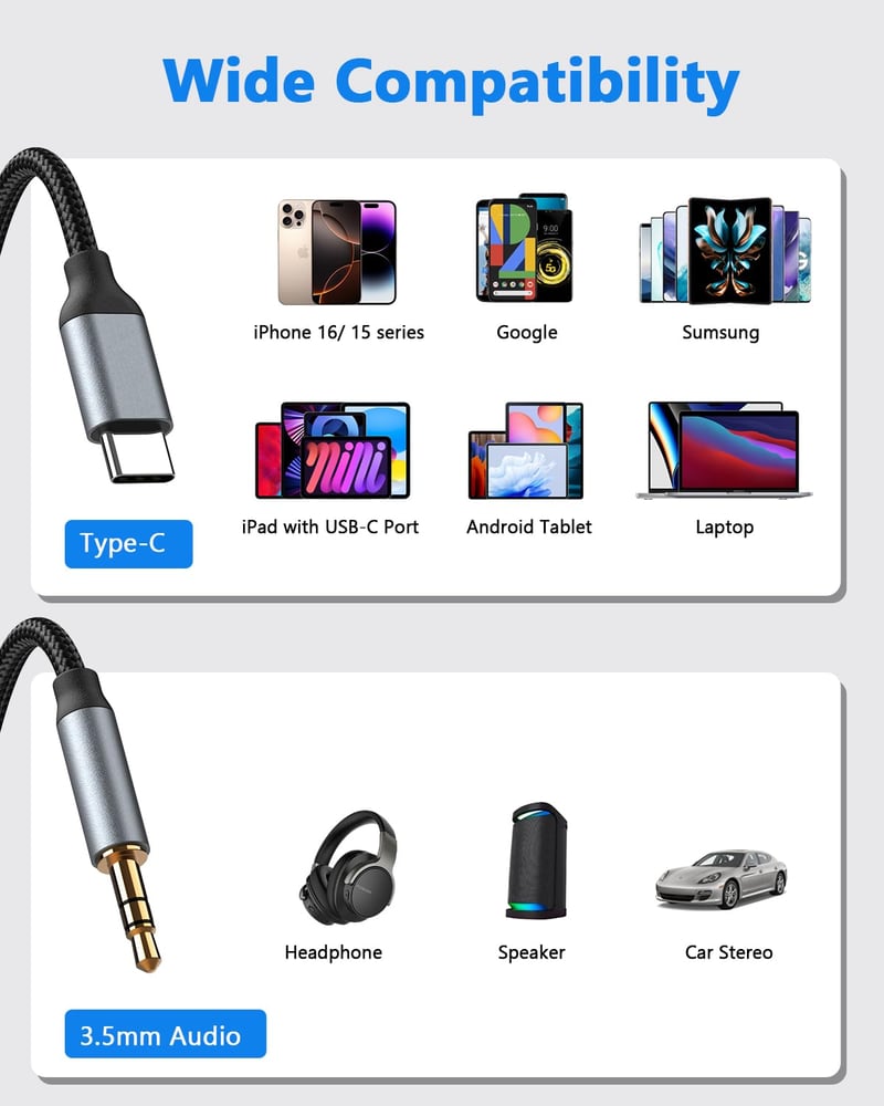 yootech USB C - 3.5mm Jack Kábel 1m, Type C Aux Adapter iPhone 15/16/17 Samsung Galaxy S23/S22 Huawei Fejhallgató Hangszóró Autórádió