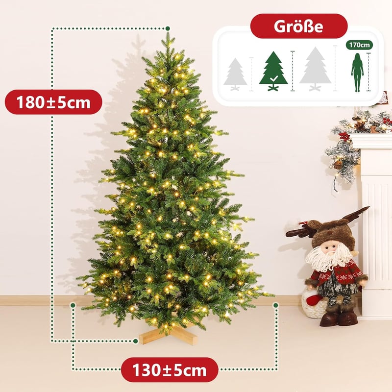 Yorbay 180 cm Nordmann Fenyő Műfenyő 350 LED Világítással - Élethű PE/PVC Karácsonyfa Fa Talppal, Természetes Megjelenésű, Kül- és Beltéri H