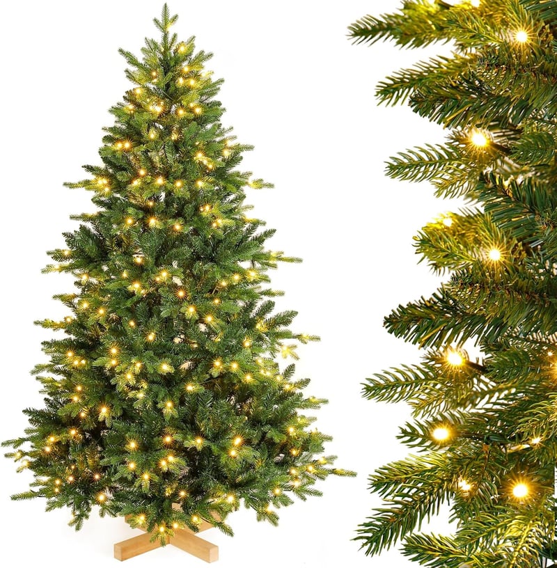 Yorbay 180 cm Nordmann Fenyő Műfenyő 350 LED Világítással - Élethű PE/PVC Karácsonyfa Fa Talppal, Természetes Megjelenésű, Kül- és Beltéri H