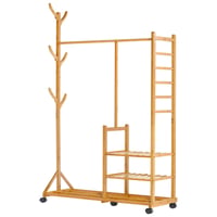 Yorbay Bamboo Fa Alakú Gurulós Ruhaállvány - 100x38x176 cm Természetes Bambuszból, 3 Polccal, 6 Akasztóval és Ruhatartó Rúddal 1