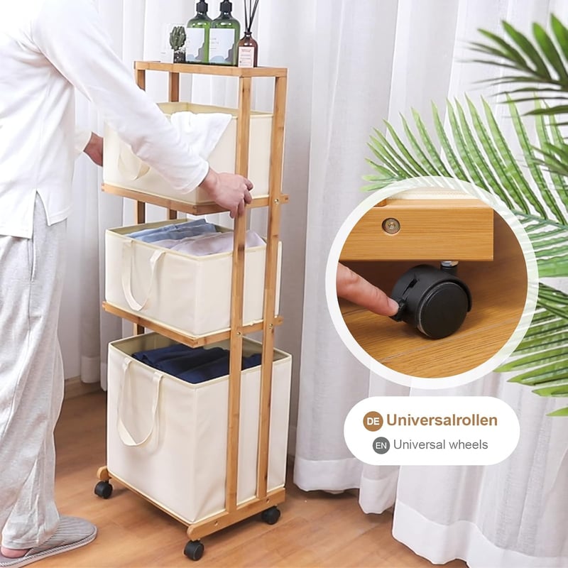Yorbay Bambú Szennyestartó Kosár Kerekekkel - 108x32x43cm Fekete Tárolópolcos Rendszerező Fürdőszobába, Hálószobába, Nappaliba