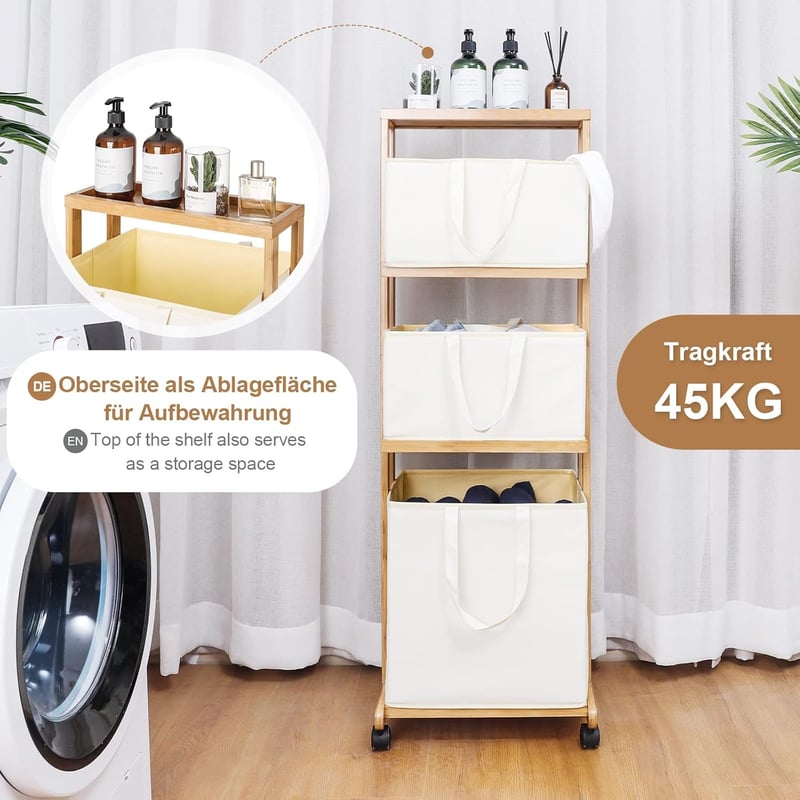 Yorbay Bambú Szennyestartó Kosár Kerekekkel - 108x32x43cm Fekete Tárolópolcos Rendszerező Fürdőszobába, Hálószobába, Nappaliba