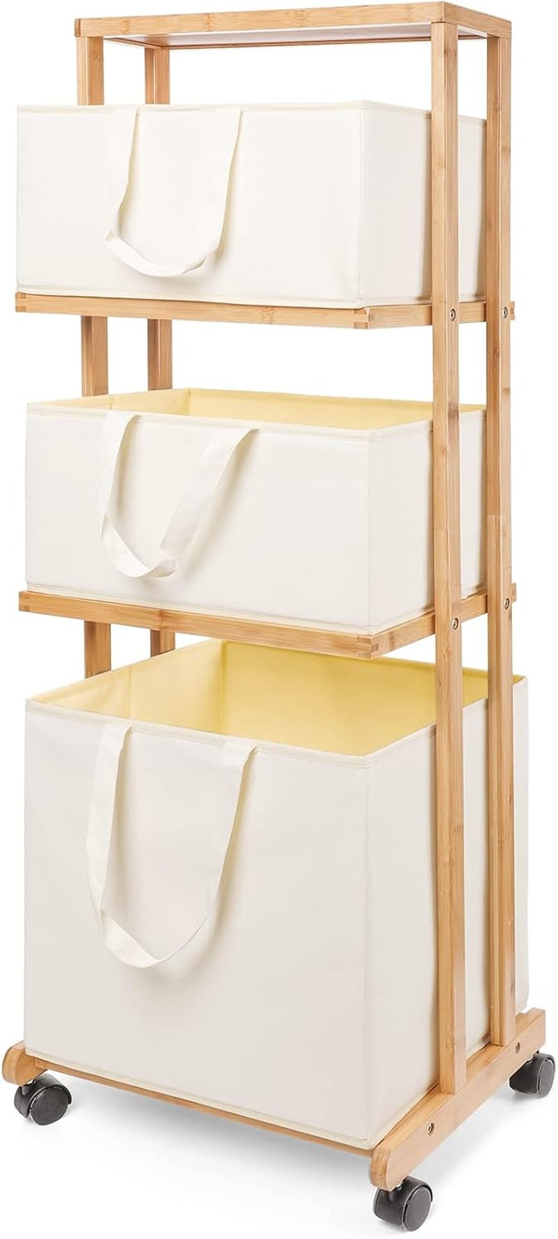 Yorbay Bambú Szennyestartó Kosár Kerekekkel - 108x32x43cm Fekete Tárolópolcos Rendszerező Fürdőszobába, Hálószobába, Nappaliba