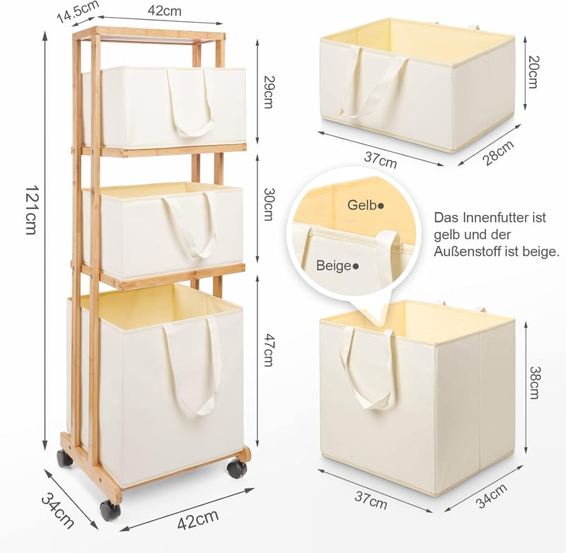 Yorbay Bambú Szennyestartó Kosár Kerekekkel - 108x32x43cm Fekete Tárolópolcos Rendszerező Fürdőszobába, Hálószobába, Nappaliba