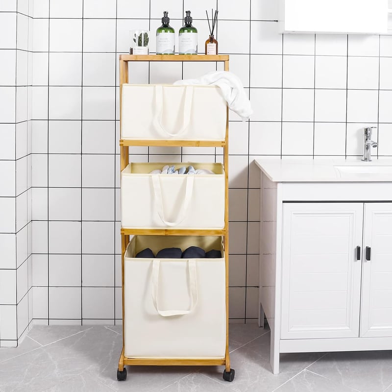 Yorbay Bambú Szennyestartó Kosár Kerekekkel - 108x32x43cm Fekete Tárolópolcos Rendszerező Fürdőszobába, Hálószobába, Nappaliba