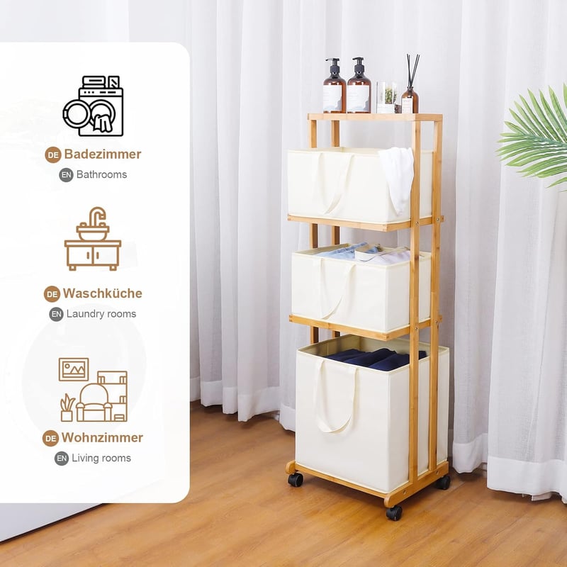 Yorbay Bambú Szennyestartó Kosár Kerekekkel - 108x32x43cm Fekete Tárolópolcos Rendszerező Fürdőszobába, Hálószobába, Nappaliba
