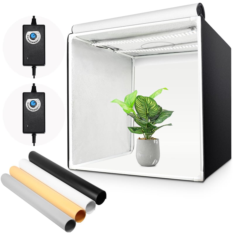 Yorbay Fotografický štúdiový stan 60x60x60 cm, 2 LED pásy 5500K, 4 pozadia (biela/čierna/čistá biela/sivá), prenosný, skladací, CRI 95+