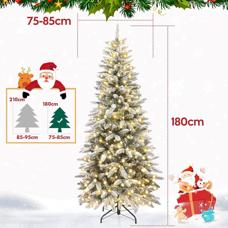 Yorbay Karcsú Havas Műfenyő 180 cm - Beépített 220 LED Meleg Fehér Világítással, PVC/PE Anyagból, Könnyen Összeállítható Karácsonyfa