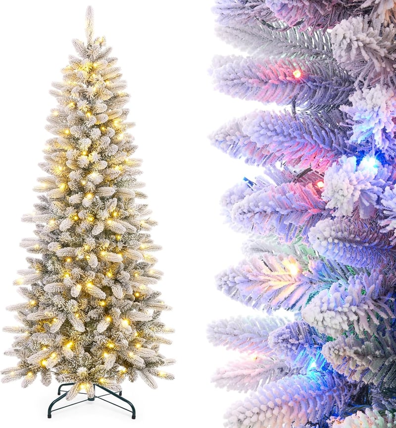 Yorbay Karcsú Műfenyő 300 LED Világítással - 210 cm Havas Fehér Karácsonyfa 10 Fénymóddal, Gyerekbarát PVC Anyagból, Egyszerű Összeszerelés