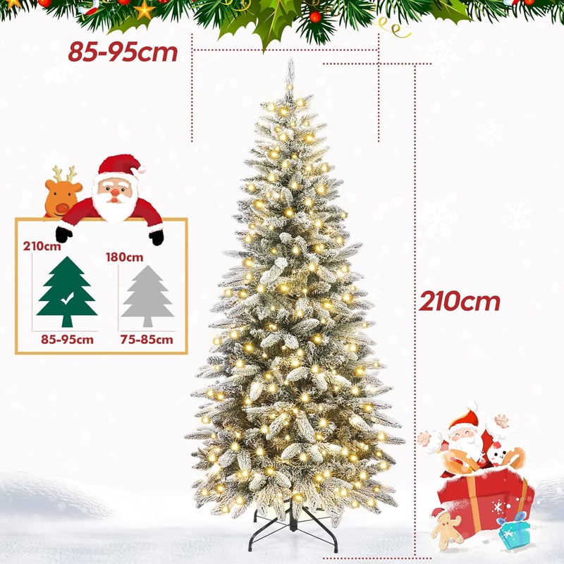 Yorbay Karcsú Műfenyő 300 LED Világítással - 210 cm Havas Fehér Karácsonyfa 10 Fénymóddal, Gyerekbarát PVC Anyagból, Egyszerű Összeszerelés