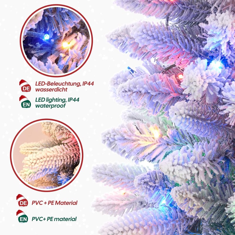 Yorbay Karcsú Műfenyő 300 LED Világítással - 210 cm Havas Fehér Karácsonyfa 10 Fénymóddal, Gyerekbarát PVC Anyagból, Egyszerű Összeszerelés