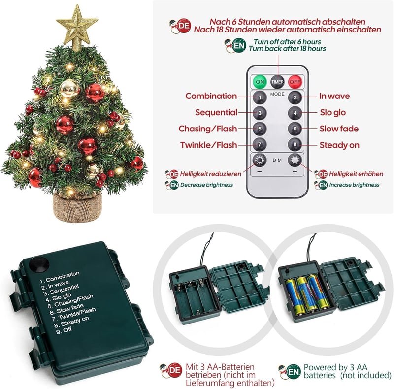 Yorbay Mini Karácsonyfa 38 cm - 20 Meleg Fehér LED-del, 8 Világítási Móddal, Távirányítóval, Csillag Csúcsdísszel, Elemes Működés, Újrahaszn