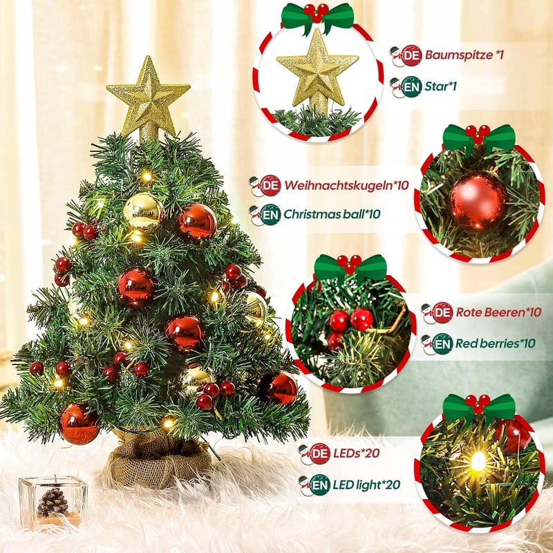 Yorbay Mini Karácsonyfa 38 cm - 20 Meleg Fehér LED-del, 8 Világítási Móddal, Távirányítóval, Csillag Csúcsdísszel, Elemes Működés, Újrahaszn