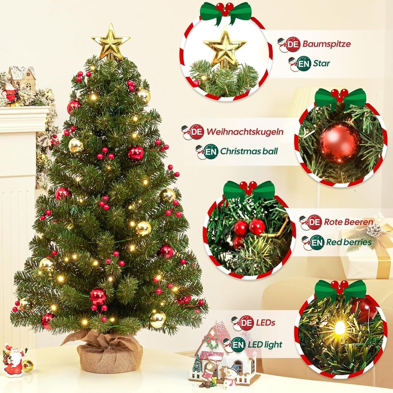 Yorbay Mini Karácsonyfa 70cm 50 LED Meleg Fehér 8 Mód Távirányítóval