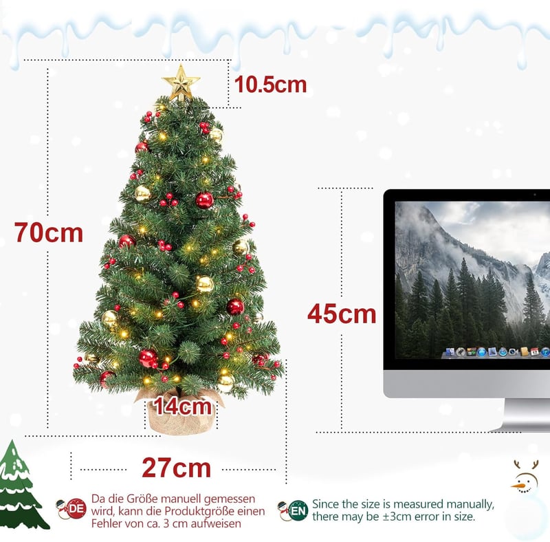 Yorbay Mini Karácsonyfa 70cm 50 LED Meleg Fehér 8 Mód Távirányítóval