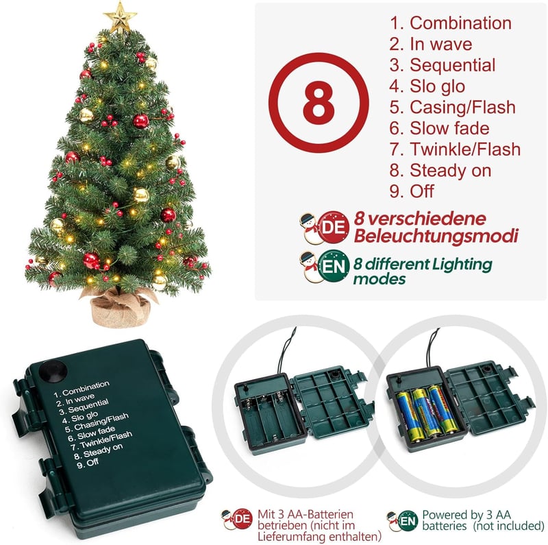 Yorbay Mini Karácsonyfa 70cm 50 LED Meleg Fehér 8 Mód Távirányítóval