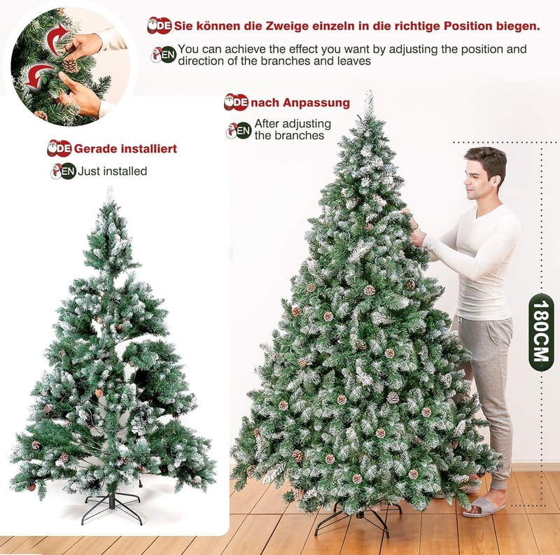 Yorbay Műfenyő 150 cm - LED Világítással, Havas Díszítéssel és Valódi Tobozokkal - Stabil Állvánnyal, 554 Ággal, PVC Karácsonyfa