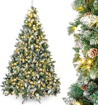 Yorbay Műfenyő 150 cm - LED Világítással, Havas Díszítéssel és Valódi Tobozokkal - Stabil Állvánnyal, 554 Ággal, PVC Karácsonyfa 1