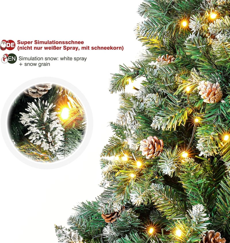 Yorbay Műfenyő 150 cm - LED Világítással, Havas Díszítéssel és Valódi Tobozokkal - Stabil Állvánnyal, 554 Ággal, PVC Karácsonyfa