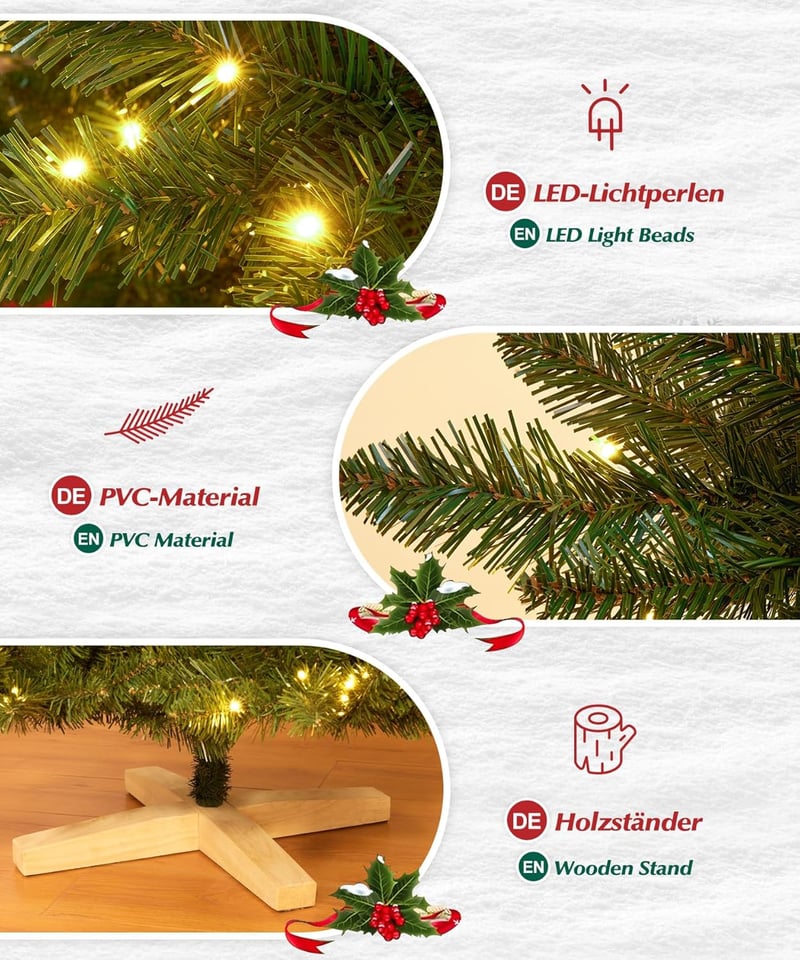 Yorbay Műfenyő 150 cm LED Világítással - Karácsonyi Dekoráció Fa Talppal, Tűzálló PVC Anyagból, Könnyen Összeszerelhető Fenyőfa