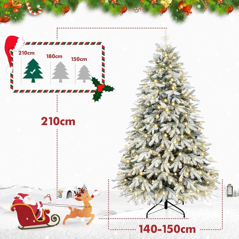 Yorbay Műfenyő 210 cm - Beépített 370 LED Meleg Fehér Világítással, Hópehelydíszítéssel, PE és PVC Anyagból, Könnyen Összeállítható Karácson