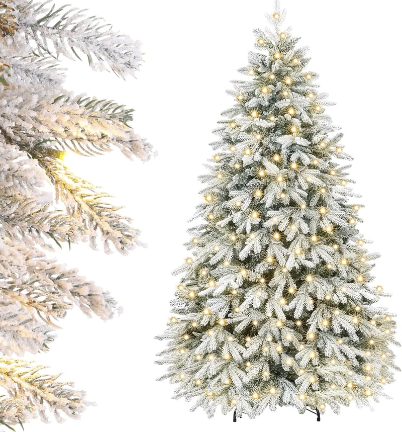 Yorbay Műfenyő 210 cm - Beépített 370 LED Meleg Fehér Világítással, Hópehelydíszítéssel, PE és PVC Anyagból, Könnyen Összeállítható Karácson